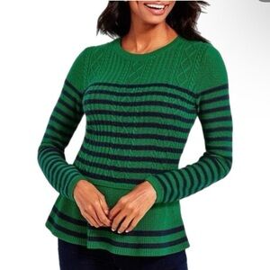 Talbots Peplum Cable Knit Sweater Green Navy Stripe Preppy Feminine Academic, M